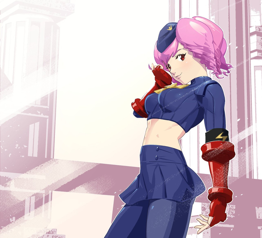 blue_skirt breasts closed_mouth cofffee commentary drill_hair enero female fingerless_gloves garrison_cap gloves hat long_hair looking_at_viewer midriff necktie pantyhose pink_hair red_eyes ribbed_sleeves shadaloo_dolls skirt smile solo street_fighter street_fighter_zero_(series)