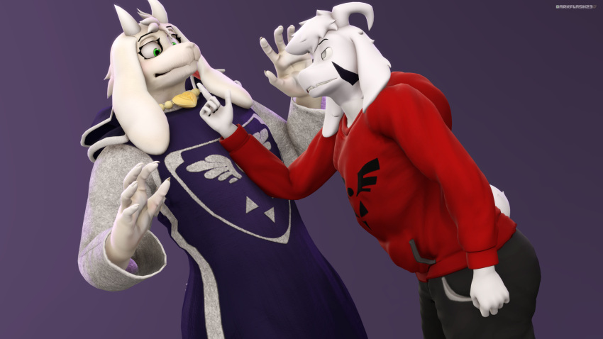 16:9 3d_(artwork) 5_fingers anthro artist_name asriel_dreemurr_(god_form) black_bottomwear black_clothing black_pants boss_monster_(undertale) bottomwear bovid caprine clothing darkflash23 digital_media_(artwork) emblem fingers fist ftm_crossgender fur gesture goat gradient_background hand_gesture hi_res hoodie male mammal okamical pants pointing pointing_at_another purple_clothing purple_topwear red_clothing red_hoodie red_topwear rule_63 simple_background topwear toriel undertale undertale_(series) white_body white_fur widescreen