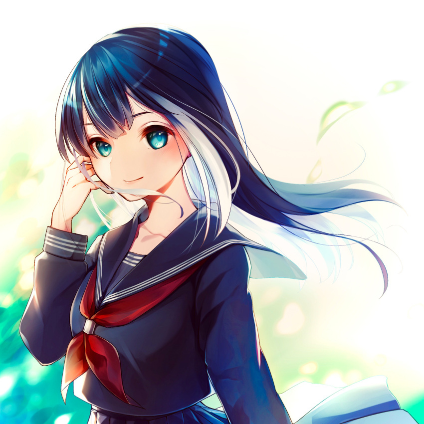 black_sailor_collar blue_eyes blue_hair female floating_hair hand_up highres long_hair long_sleeves looking_at_viewer neckerchief pleated_skirt red_neckerchief sailor_collar school_uniform serafuku shintake skirt smile solo upper_body yozakura-san_chi_no_daisakusen yozakura_mutsumi