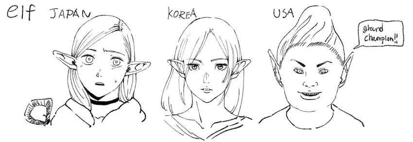 1boy 2girls :o adoring_fan ambrosia_(dungeon_meshi) commentary_request comparison dungeon_meshi elf english_text futoshi_slim greyscale lineage lineage_2 long_hair looking_at_viewer marcille_donato monochrome multiple_girls odd_one_out parted_bangs parted_lips pointy_ears pointy_hair simple_background smile speech_bubble staff sweat the_elder_scrolls the_elder_scrolls_iv:_oblivion white_background