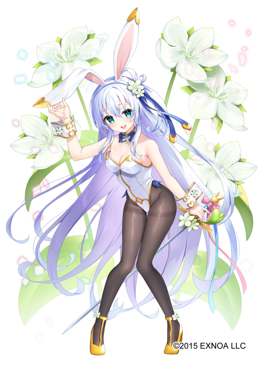 :d animal_ears baikasou_(flower_knight_girl) bare_shoulders black_thighhighs blue_bow blue_bowtie blush bow bowtie breasts cleavage collarbone dot_nose fake_animal_ears female flower flower_knight_girl full_body green_eyes hair_flower hair_ornament high_heels highres holding holding_sword holding_weapon knees_together_feet_apart leotard long_hair looking_at_viewer medium_breasts name_connection object_namesake official_art open_mouth playboy_bunny rabbit_ears rapier sakofu shoes side_ponytail sidelocks simple_background smile solo standing sword thighhighs thighs weapon white_background white_flower white_hair white_leotard wrist_cuffs yellow_footwear