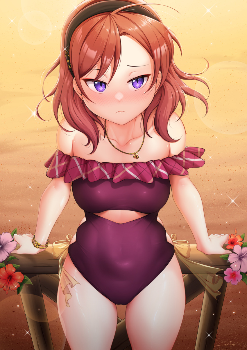 against_railing arm_support black_headband blush bracelet breasts casual_one-piece_swimsuit collarbone commentary cowboy_shot female frown headband highres jewelry lens_flare love_live! love_live!_school_idol_festival love_live!_school_idol_project medium_breasts medium_hair nishikino_maki nose_blush off-shoulder_one-piece_swimsuit off_shoulder official_alternate_costume one-piece_swimsuit outdoors paid_reward_available pendant purple_eyes railing red_hair red_one-piece_swimsuit sand see-through_bow shy sideways_glance solo sparkle standing swimsuit tsurime unsfrau wooden_railing