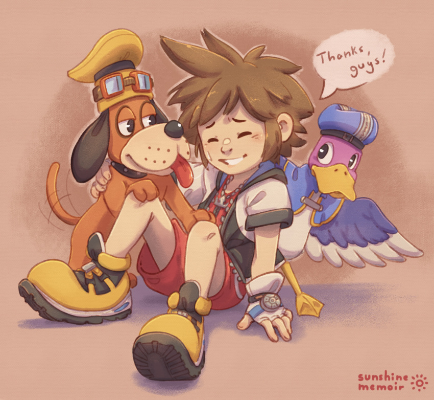 1boy bird blue_headwear brown_hair canine cosplay dog_(duck_hunt) donald_duck donald_duck_(cosplay) duck duck_(duck_hunt) duck_hunt fingerless_gloves gloves goggles goggles_on_headwear goofy goofy_(cosplay) highres hood hoodie khiuly kingdom_hearts kingdom_hearts_i large_shoes looking_at_another red_shorts shoes shorts sidelocks sora_(kingdom_hearts) super_smash_bros. yellow_footwear yellow_headwear