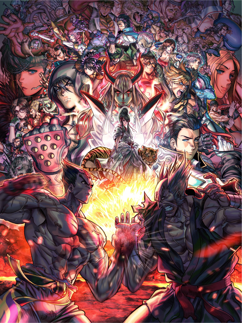 >:( 6+boys 6+girls :o absurdres alisa_boskonovich anna_williams armor_king beard black_hair blue_eyes bob_(tekken) boxing_gloves breasts brown_hair bryan_fury clash claudio_serafino cleavage clenched_hand clenched_hands commentary craig_marduk dark-skinned_male dark_skin detached_arm dougi eddy_gordo eliza_(tekken) english_commentary everyone facial_hair fahkumram feng_wei fighting_stance fingerless_gloves ganryu_(tekken) gauntlets gigas_(tekken) glasses gloves goggles green_gloves grey_hair hair_between_eyes hand_on_own_chin hand_up highres hood horns hwoarang_(tekken) jack-6 jewelry josie_rizal julia_chang katarina_alves kazama_asuka kazama_jin king_(tekken) kuma_(tekken) kunimitsu_ii lars_alexandersson lee_chaolan lei_wulong leo_kliesen leroy_smith lidia_sobieska lili_(tekken) ling_xiaoyu lucky_chloe marshall_law mask master_raven mechanical_arms miguel_caballero_rojo mishima_heihachi mishima_kazumi_(tekken) mishima_kazuya multiple_boys multiple_girls muscular muscular_male necklace necktie nina_williams nipples old old_man open_mouth panda_(tekken) panzer_(pnzrk) paul_phoenix punching red_eyes scar screaming sergei_dragunov shaheen single_mechanical_arm smile spiked_hair steve_fox studded_gloves sunglasses tekken tekken_7 tiger topless_male v-shaped_eyebrows veins white_hair yoshimitsu_(namco) zafina_(tekken)