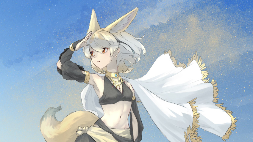 alternate_costume animal_ears bare_shoulders black_shirt black_sleeves blonde_hair blue_sky bracelet cape cowboy_shot crop_top detached_sleeves extra_ears fennec_(kemono_friends) fox_ears fox_girl fox_tail frilled_cape gold_bracelet gold_necklace hair_between_eyes harem_outfit highres jewelry kemono_friends midriff multicolored_hair navel necklace orange_eyes sasa_fune shirt short_hair sidelocks sky sleeves_past_wrists solo star_(sky) tail white_cape white_hair