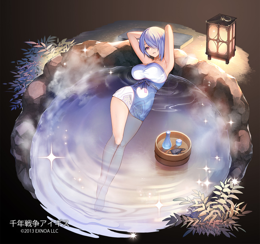 2013 armpits arms_behind_head arms_up bare_arms bare_legs blue_hair breasts bucket bush commentary company_name copyright_name cup female hair_over_one_eye highres lantern large_breasts leaf light_blue_hair long_bangs looking_at_viewer lying official_art on_back onsen parted_lips partially_submerged purple_eyes sennen_sensou_aigis siena_(sennen_sensou_aigis) solo sparkle tokkuri waist_ribbon water wet wooden_bucket yuasa_akira