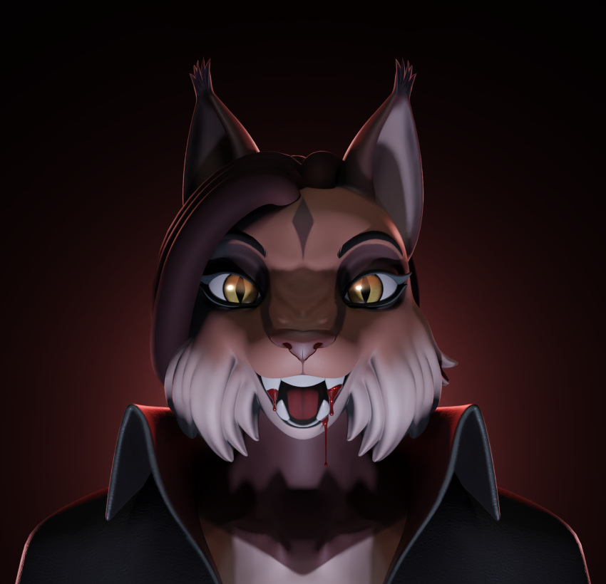 3d_(artwork) anthro blood blood_in_mouth bodily_fluids cheek_tuft citra_(sosya142) clothing coat countershading dark_body dark_fur digital_media_(artwork) dreadlocks ear_tuft facial_tuft fangs felid feline female fur grippusavium head_markings hi_res intimidation light_body light_fur looking_at_viewer lynx mammal markings multicolored_body multicolored_fur simple_background solo teeth tongue topwear tuft two_tone_body two_tone_fur vampire wrinkled_nose yellow_eyes