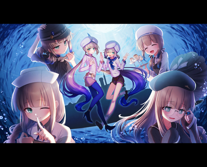 1boy 5others androgynous aqua_eyes baker_nemo_(fate) beret black_shorts blue_dress blue_pantyhose captain_nemo_(fate) closed_eyes dress engineer_nemo_(fate) fate/grand_order fate_(series) finger_to_mouth glasses hat highres index_fingers_raised marine_nemo_(fate) multiple_others nemo_(fate) nurse_nemo_(fate) otoko_no_ko palms_together pantyhose pinafore_dress professor_nemo_(fate) shell_ocean shorts shushing sleeveless sleeveless_dress turban white_hair