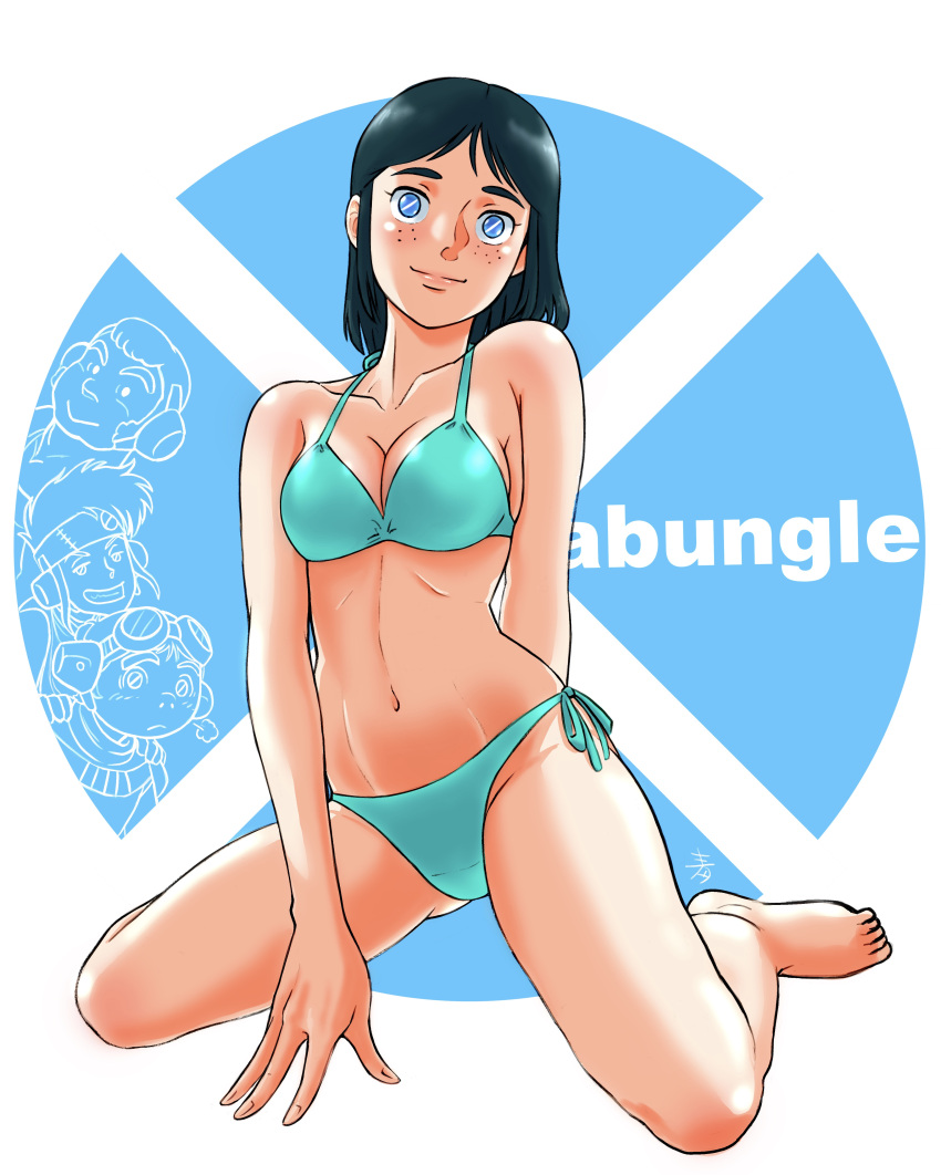 3boys absurdres aobito_sukoyaka_bystander barefoot bikini black_hair blue_background blue_bikini blue_eyes breasts burume copyright_name dyke_(xabungle) female freckles highres jiron_amos kneeling looking_at_viewer maria_maria medium_breasts medium_hair multiple_boys navel sentou_mecha_xabungle side-tie_bikini_bottom smile swimsuit white_background