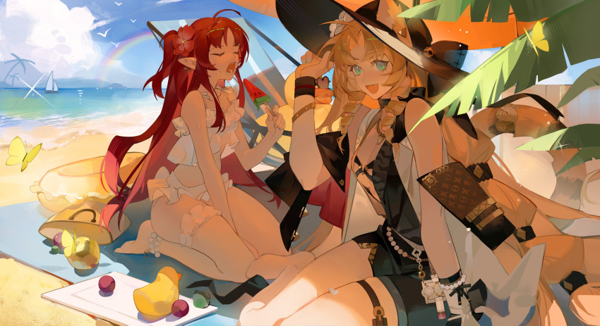 2girls :d absurdres ahoge animal_ears arknights bare_shoulders beach beach_umbrella bead_anklet black_dress black_headwear blue_nails blue_sky boat bow breasts center_opening cleavage cloud cloudy_sky day dress drill_hair drill_sidelocks ears_through_headwear flower green_eyes hair_flower hair_ornament hand_on_headwear hat hat_bow highres innertube jiao_qiang_bu_sha long_hair looking_at_viewer medium_breasts multiple_girls myrtle_(arknights) myrtle_(summer_flowers)_(arknights) nail_polish ocean oerba_yun_fang official_alternate_costume one_side_up open_mouth orange_hair outdoors palm_leaf pointy_ears rainbow red_flower red_hair rubber_duck sailboat sand seiza sidelocks simple_bird sitting sky sleeveless sleeveless_dress smile swim_ring swire_(arknights) swire_the_elegant_wit_(arknights) tail tail_ornament tail_ring teeth thighs tiger_ears tiger_girl tiger_tail umbrella very_long_hair water watercraft white_flower yokozuwari