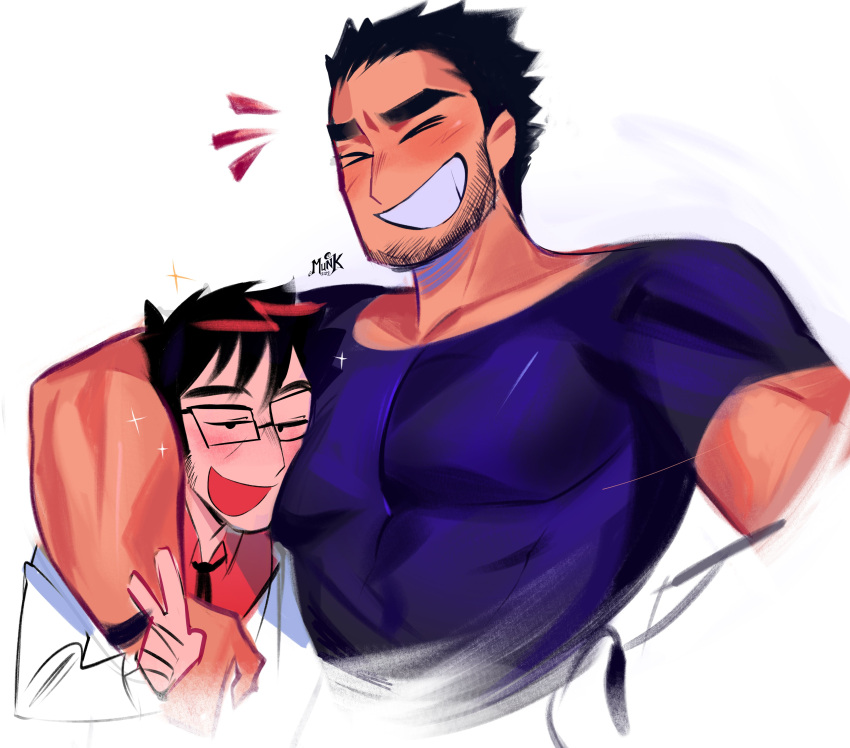 >_< 2boys absurdres bara beard_stubble black_hair closed_eyes cropped_torso face_to_pecs facial_hair gideon_gordon_graves glasses grin happy_aura highres huge_eyebrows large_pectorals lucas_lee male_focus mulemount multiple_boys muscular muscular_male pectoral_press pectorals scott_pilgrim_(series) scott_pilgrim_takes_off shirt short_hair short_sleeves sideways_mouth smile solid_circle_eyes stubble t-shirt tight_clothes tight_shirt torogao unfinished v yaoi