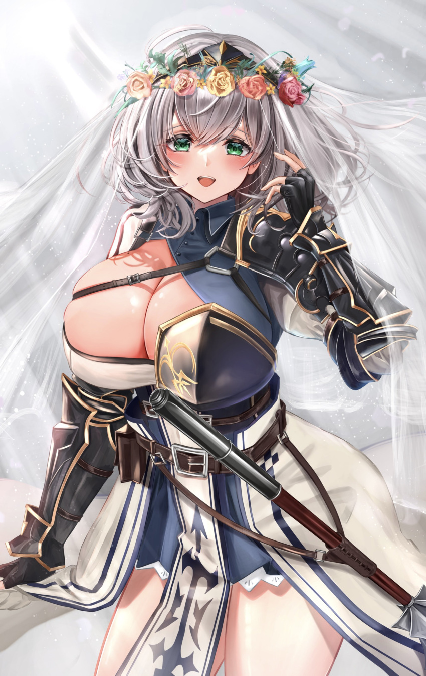 absurdres armor armored_dress belt belt_pouch black_gloves blue_collar blush braid breasts chest_belt chest_guard chest_harness chest_strap cleavage cleavage_cutout clothing_cutout collar collared_dress dress female fingerless_gloves gloves greaves green_eyes grey_hair harness highres hololive large_breasts leather_belt looking_at_viewer mace maison_de_cante medium_hair open_mouth pauldrons pelvic_curtain pleated_dress pouch puffy_sleeves shirogane_noel shirogane_noel_(1st_costume) short_dress short_hair shoulder_armor single_pauldron smile solo tabard tiara vambraces virtual_youtuber waist_cape wavy_hair weapon wrist_guards