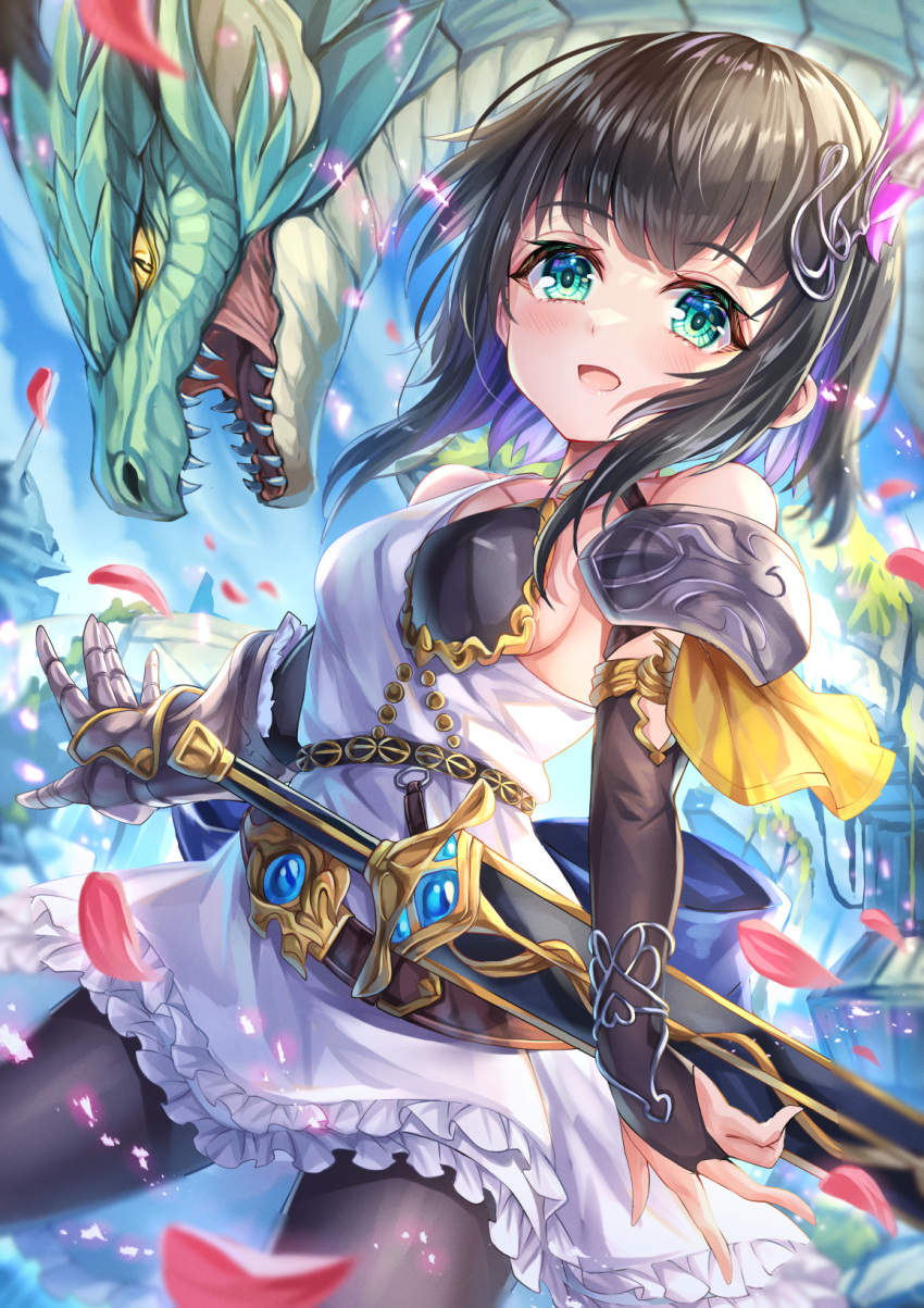 1other aiela_(shadowverse) akami770 aqua_eyes arm_at_side armlet back_bow bare_shoulders belt belt_buckle black_hair black_pantyhose blue_bow blue_gemstone blue_sky blunt_bangs blush bow bracelet breasts bridal_gauntlets brown_belt buckle building chest_guard collarbone cowboy_shot dragon dress falling_petals fangs female frills from_side gauntlets gem gloves gold_trim highres house jewelry light looking_at_viewer narrow_waist nostrils open_mouth pantyhose petals scabbard scales shadowverse sheath short_hair sideboob single_bridal_gauntlet single_gauntlet sky slit_pupils small_breasts smile solo_focus standing sword tongue weapon white_dress yellow_eyes