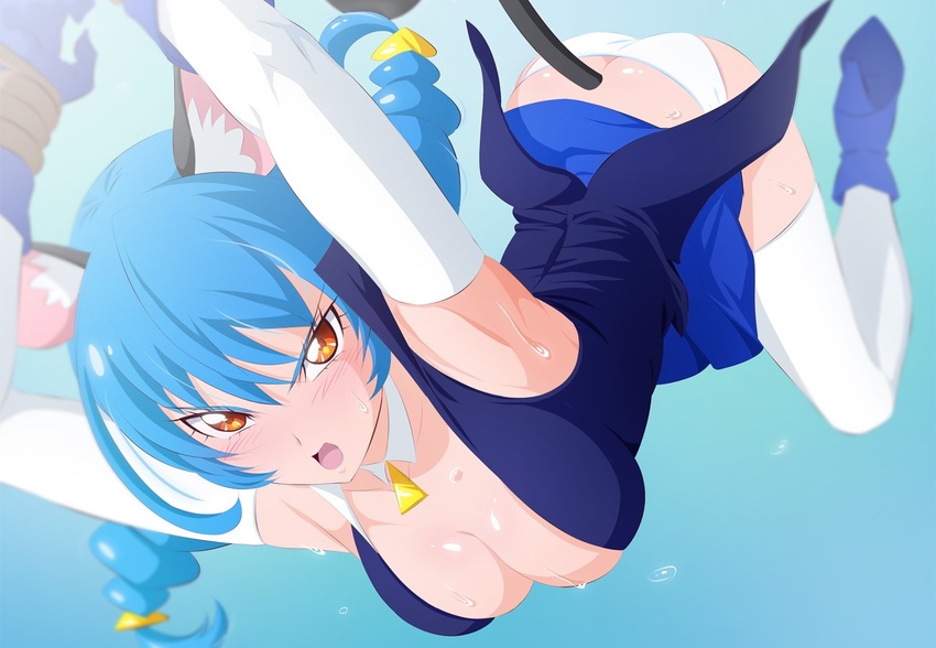 animal_ears armpits arms_up blue_cat_(precure) blue_footwear blue_gloves blue_hair blue_skirt boots braid breasts cat_ears cat_girl cat_tail elbow_gloves female fuchi_(nightmare) gloves high_heel_boots high_heels large_breasts long_hair looking_at_viewer open_mouth panties precure skirt solo star_twinkle_precure sweat tail thighhighs twin_braids underwear white_panties white_thighhighs yellow_eyes yuni_(precure)