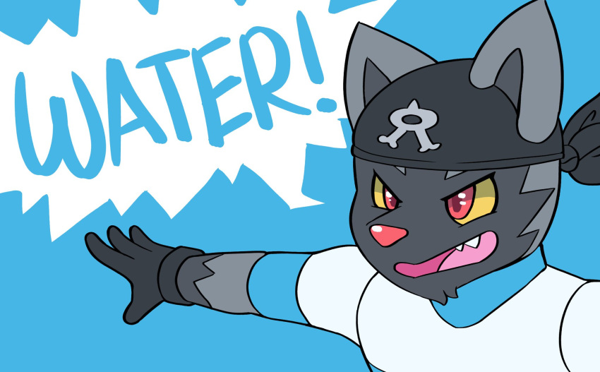 anthro aqua_grunt bandana canid canine clothed clothing english_text exclamation_point generation_3_pokemon gloves grunt_(pokemon) handwear hi_res imdanuki kerchief male mammal nintendo open_mouth pokemon pokemon_(species) poochyena solo team_aqua teeth text yelling