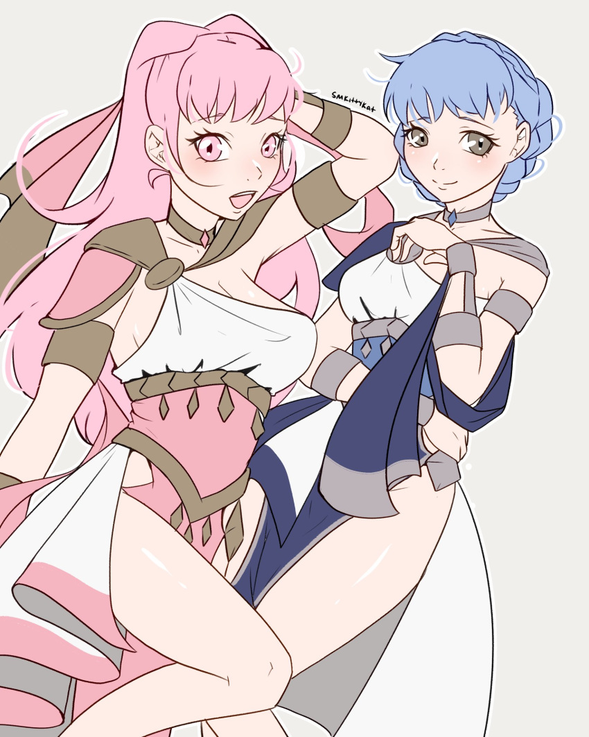 2girls :d alternate_costume armlet blue_hair breasts choker cleavage commentary dancer dancer_(fire_emblem:_three_houses) dress feet_out_of_frame fire_emblem fire_emblem:_three_houses flat_color grey_background grey_eyes highres hilda_valentine_goneril long_hair looking_at_viewer marianne_von_edmund medium_breasts multiple_girls open_mouth pink_eyes pink_hair short_hair simple_background single-shoulder_dress smile smkittykat thighs very_long_hair white_dress