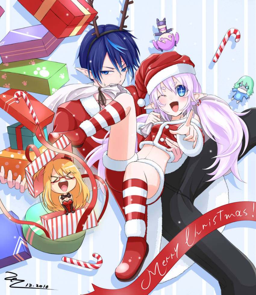 >o< 1boy 2girls aisha_landar box candy candy_cane christmas ciel_(elsword) commentary_request doll elsword food gift gift_box hagalaz_(elsword) highres luciela_r._sourcream multiple_girls pet scarlet_zel void_princess_(elsword)