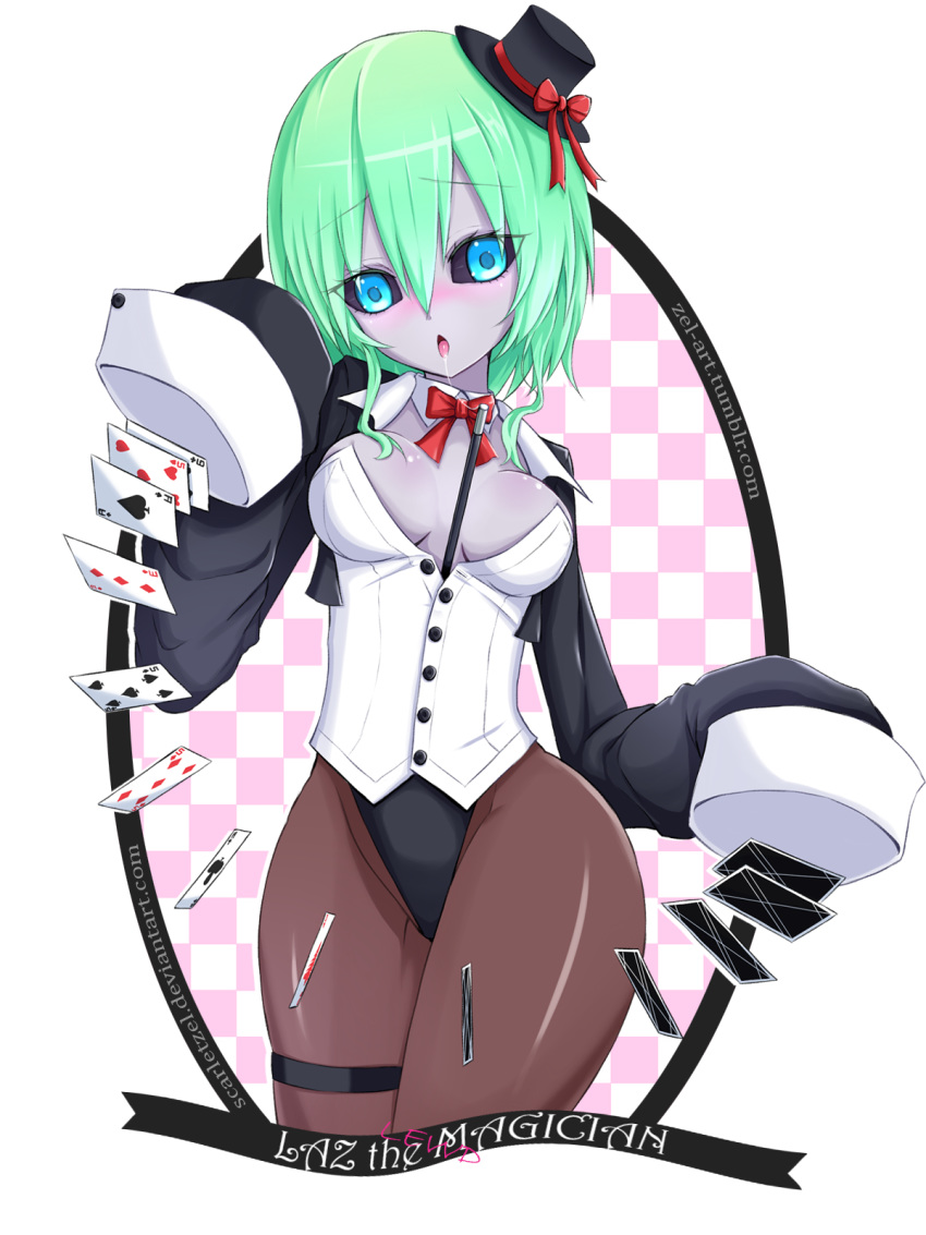 aqua_eyes black_sclera card colored_sclera commentary_request elsword female hagalaz_(elsword) hat highres long_sleeves magician pantyhose saliva saliva_trail scarlet_zel tongue tongue_out top_hat transparent_background wand