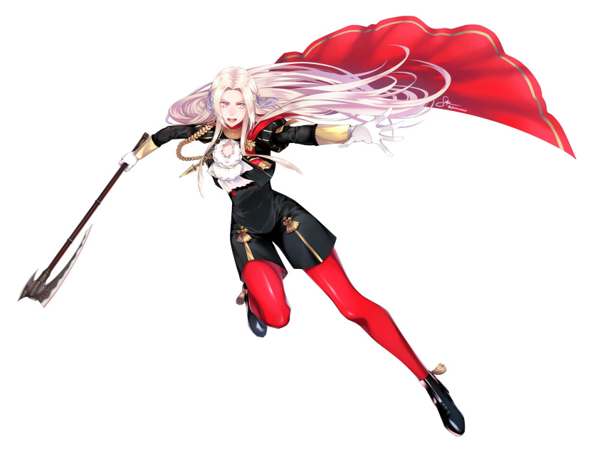 absurdres ascot axe cape commentary_request edelgard_von_hresvelg female fire_emblem fire_emblem:_three_houses garreg_mach_monastery_uniform gloves hair_ornament hair_ribbon highres long_hair open_mouth pantyhose red_cape red_pantyhose ribbon sieka_(piiroinardesco) simple_background solo uniform