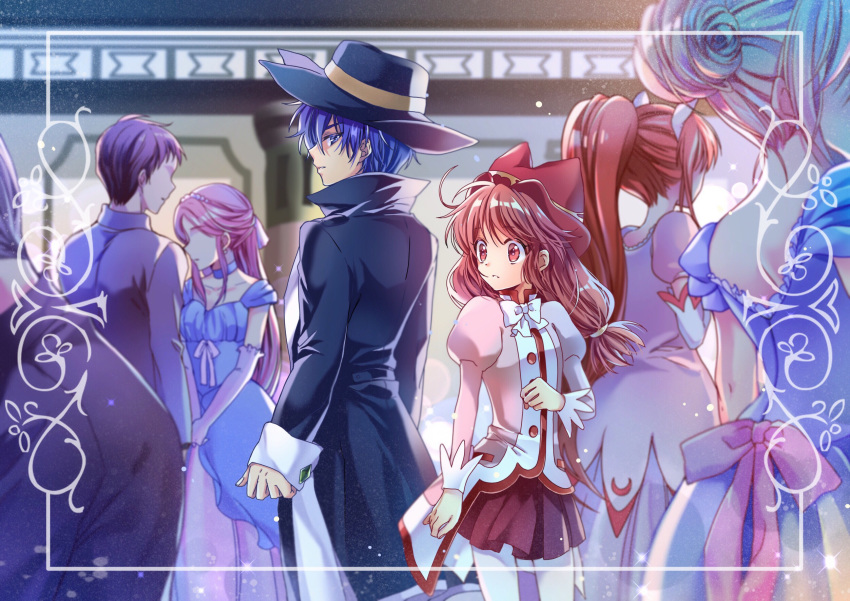 3boys 3girls arms_at_sides black_headwear blue_eyes blue_hair bow brown_hair dress eclipse_(futagohime) faceless faceless_female faceless_male fine_(futagohime) fushigiboshi_no_futago_hime highres indoors long_hair long_sleeves multiple_boys multiple_girls ponytail puffy_long_sleeves puffy_sleeves red_eyes red_headwear red_skirt shade_(futagohime) skirt standing suzuki_(2red_moon3) white_bow