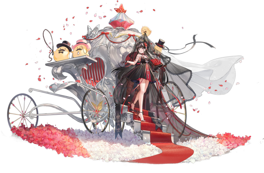 atdan azur_lane bare_shoulders black_dress black_gloves black_hair bridal_veil dress earrings female flower gloves hair_flower hair_ornament high_heels highres horns jewelry long_hair looking_at_viewer manjuu_(azur_lane) nontraditional_wedding_dress noshiro_(a_tale_of_two_lovers)_(azur_lane) noshiro_(azur_lane) official_alternate_costume official_art oni_horns purple_eyes red_carpet stairs standing transparent_background veil wedding_dress