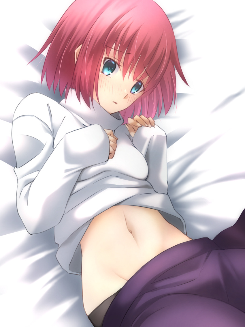 arcueid_brunestud arcueid_brunestud_(cosplay) blue_eyes blush commentary_request cosplay female highres hisui_(tsukihime) kagetsu_tooya long_sleeves looking_at_viewer lying navel on_bed purple_skirt red_hair short_hair skirt sleeves_past_wrists solo stomach sweater tsukihime turtleneck turtleneck_sweater vent_vert_(kuuya) white_sweater