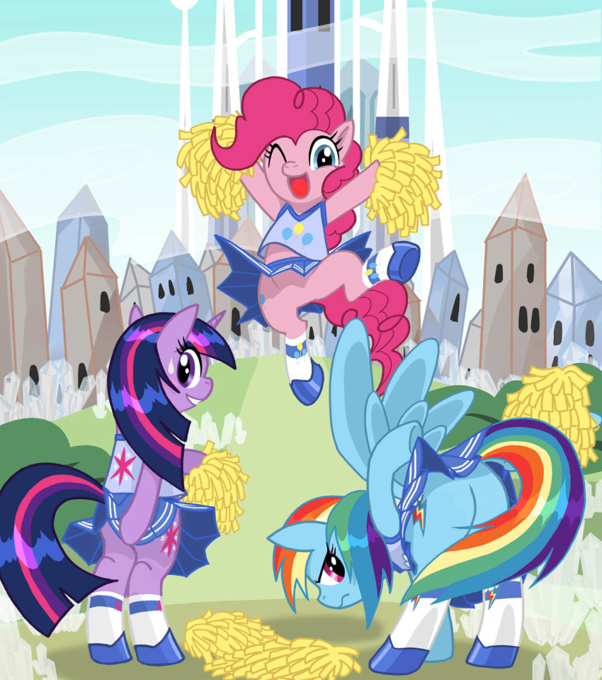 2013 ass blue_body blue_eyes blue_feathers blue_fur blush bottomwear cheerleader clothed clothing cloud costume crystal_empire earth_pony equid equine feathered_wings feathers female feral friendship_is_magic fur group hair hasbro hi_res horn horse mammal mol mooning multicolored_hair multicolored_tail my_little_pony mythological_creature mythological_equine mythology open_mouth outside pegasus pink_hair pinkie_pie_(mlp) pom_poms pony purple_body purple_eyes purple_fur purple_hair rainbow_dash_(mlp) rainbow_hair rainbow_tail skirt sky tail twilight_sparkle_(mlp) two_tone_hair unicorn upskirt wings