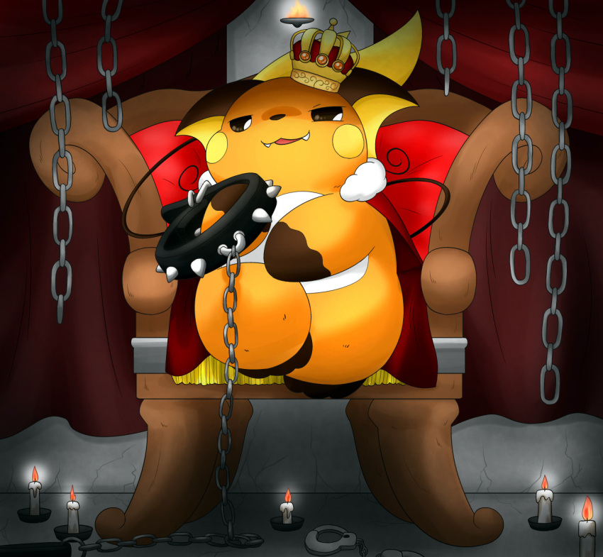 bondage_gear candle chains chair collar crown dominant furniture generation_1_pokemon grin headgear hi_res kaba looking_at_viewer male mammal nintendo pokemon pokemon_(species) raichu rodent sitting smile solo throne