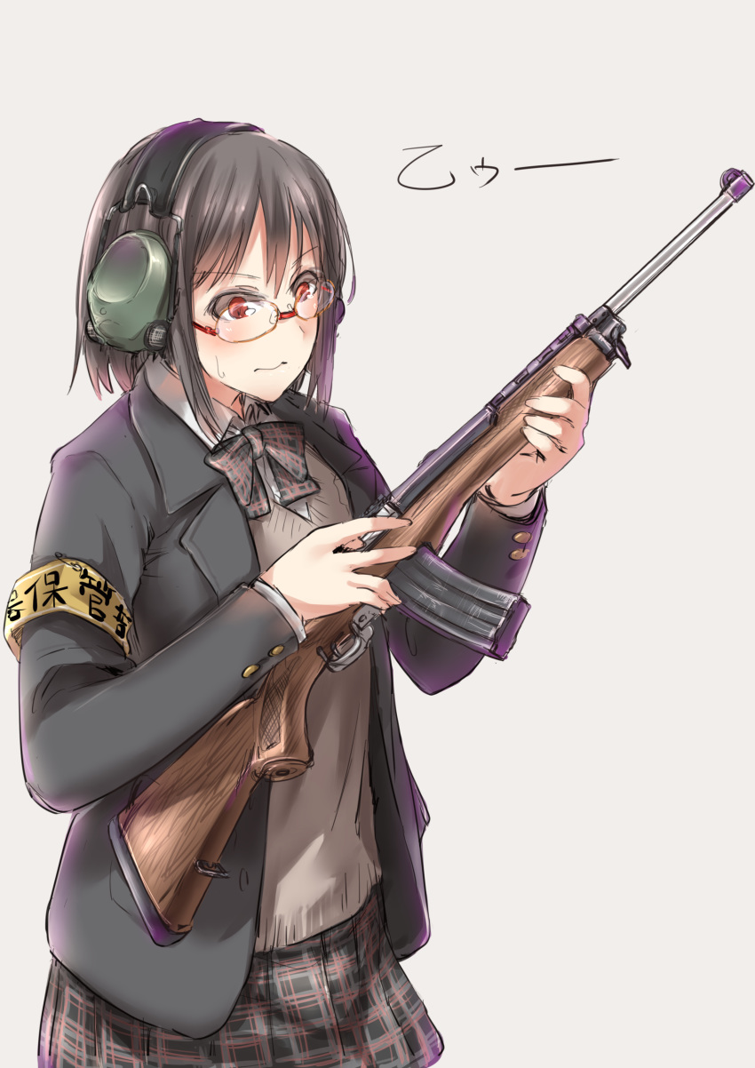 absurdres armband ayyh black_hair commentary_request ear_protection female glasses gun highres holding holding_gun holding_weapon orange_eyes original rifle ruger_mini-14 school_uniform short_hair simple_background solo weapon