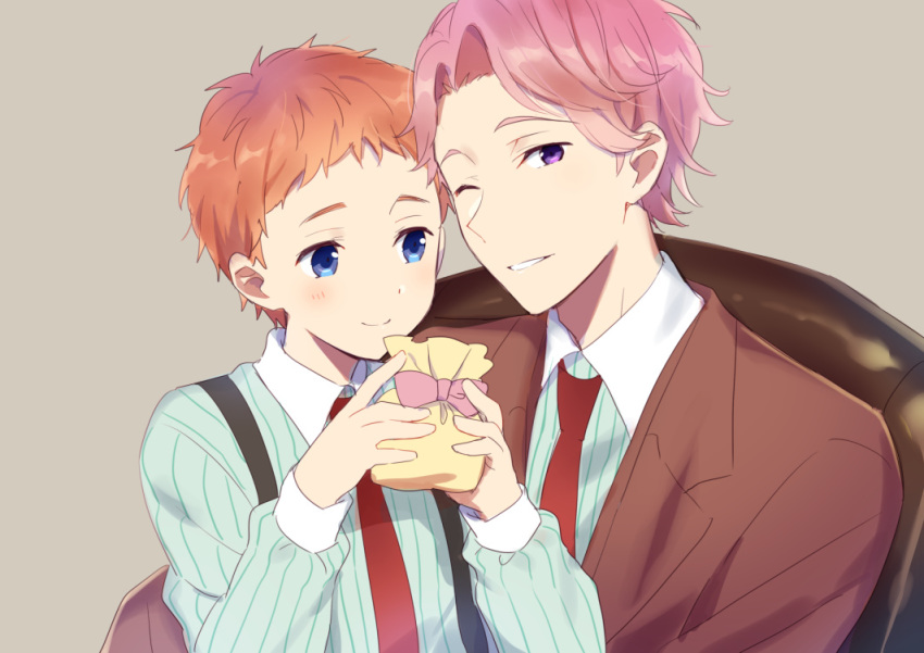 2boys blazer blue_eyes blush brothers free! grey_background grin jacket lying male_focus mo_(nmnme) multiple_boys necktie on_back one_eye_closed pink_hair pinstripe_pattern pinstripe_shirt purple_eyes shigino_hayato shigino_kisumi shirt siblings simple_background smile striped suspenders