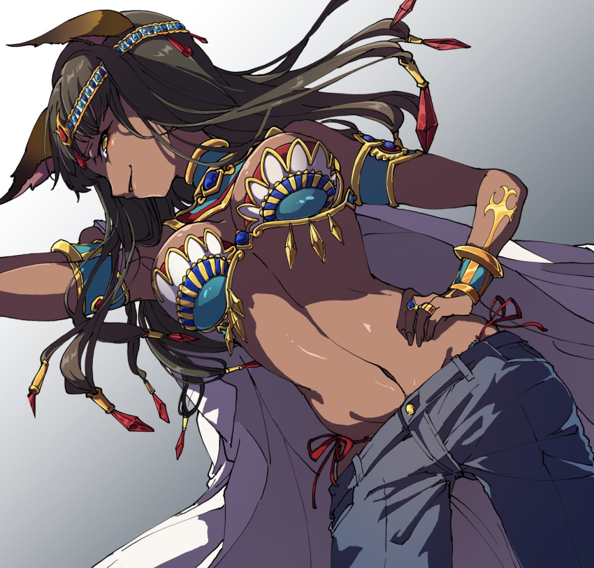 animal_ears black_hair cat_ears ciconia_no_naku_koro_ni cuffs dark-skinned_female dark_skin denim dutch_angle egyptian egyptian_mythology female g-string hand_on_own_hip headband highres hinamikan jeans jewelry long_hair looking_at_viewer midriff pants ring seshat simple_background solo thong white_background yellow_eyes