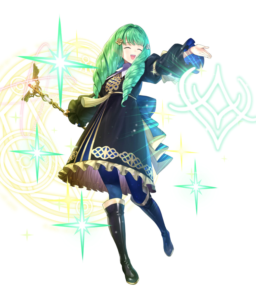 black_dress black_footwear blue_pantyhose boots bow caduceus_staff_(fire_emblem) closed_mouth detached_sleeves dress female fire_emblem fire_emblem:_three_houses fire_emblem_heroes flayn_(fire_emblem) frills full_body gold_trim green_hair hair_ornament hand_up hands_up highres holding knee_boots kousei_horiguchi long_hair long_sleeves looking_at_viewer non-web_source official_art pantyhose school_uniform shiny_clothes solo sparkle staff transparent_background turtleneck