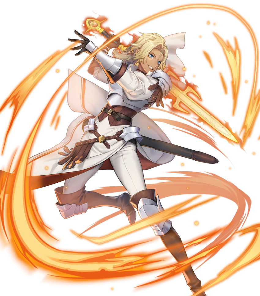 arm_guards armor belt blonde_hair blue_eyes boobplate boots breastplate breasts catherine_(fire_emblem) closed_mouth dark-skinned_female dark_skin female fire fire_emblem fire_emblem:_three_houses fire_emblem_heroes full_body gloves highres holding holding_sword holding_weapon knee_pads leg_up lips long_hair long_sleeves looking_at_viewer looking_away non-web_source official_art p-nekor pants parted_bangs parted_lips puffy_sleeves shoulder_armor smile solo sword thunderbrand transparent_background weapon white_pants