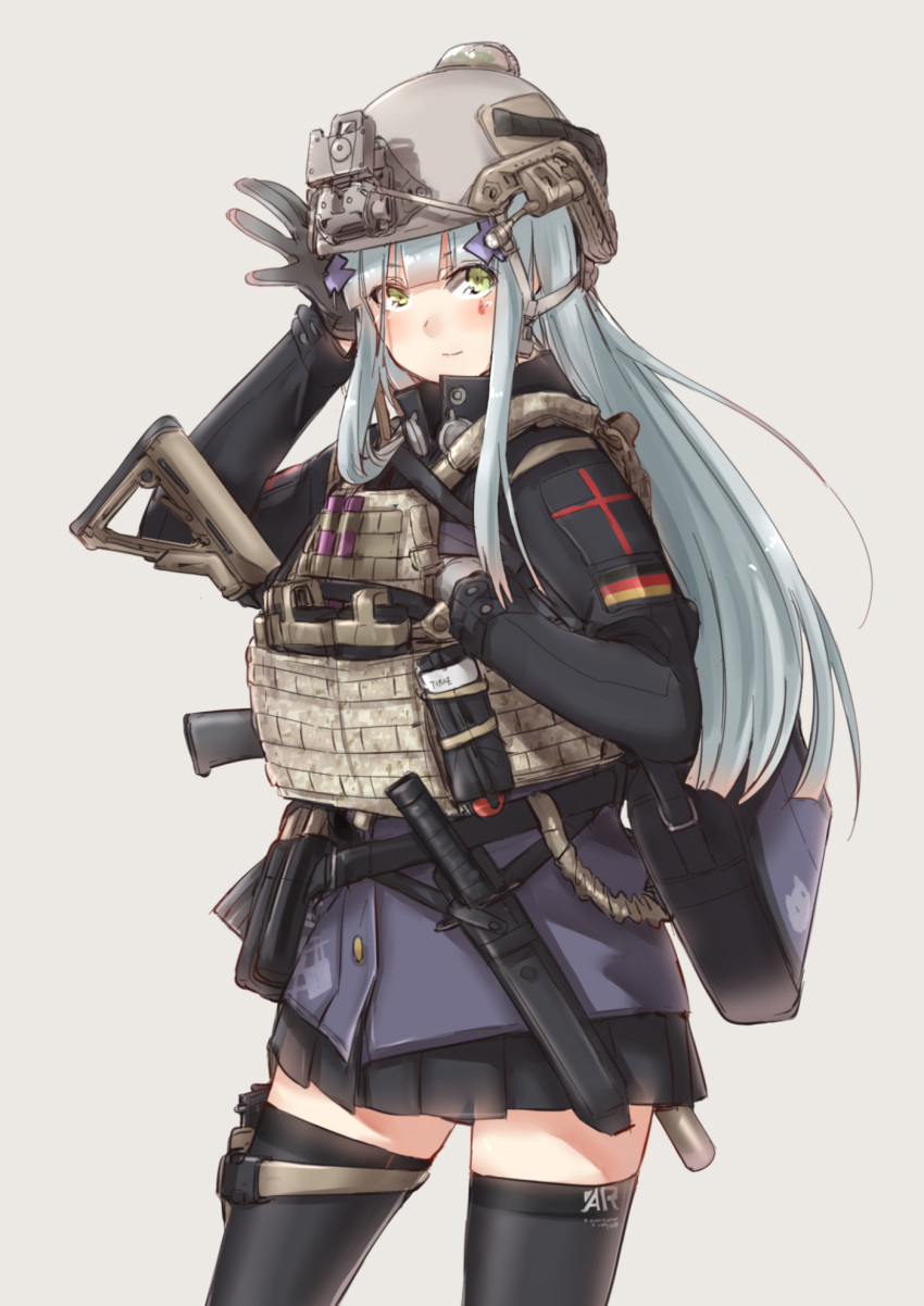 ammunition assault_rifle ayyh blue_hair combat_knife commentary_request female german_flag girls'_frontline green_eyes gun h&k_hk416 handgun heckler_&_koch helmet highres hk416_(girls'_frontline) holster knife knife_sheath long_hair military_operator night_vision_device pouch rifle sheath skirt solo vest weapon