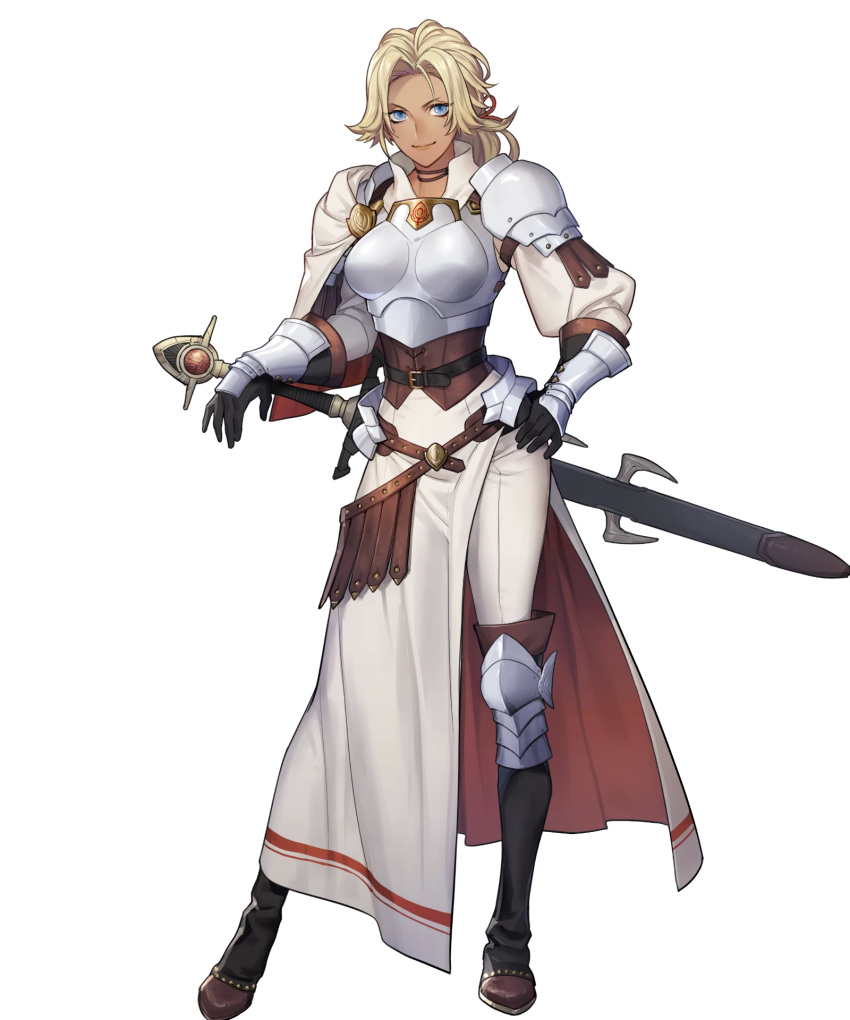 arm_guards armor belt blonde_hair blue_eyes boobplate boots breastplate breasts catherine_(fire_emblem) closed_mouth dark-skinned_female dark_skin female fire_emblem fire_emblem:_three_houses fire_emblem_heroes full_body gloves hand_on_own_hip highres knee_pads lips long_hair long_sleeves looking_at_viewer non-web_source official_art p-nekor pants parted_bangs puffy_sleeves shoulder_armor smile solo sword thunderbrand transparent_background weapon white_pants