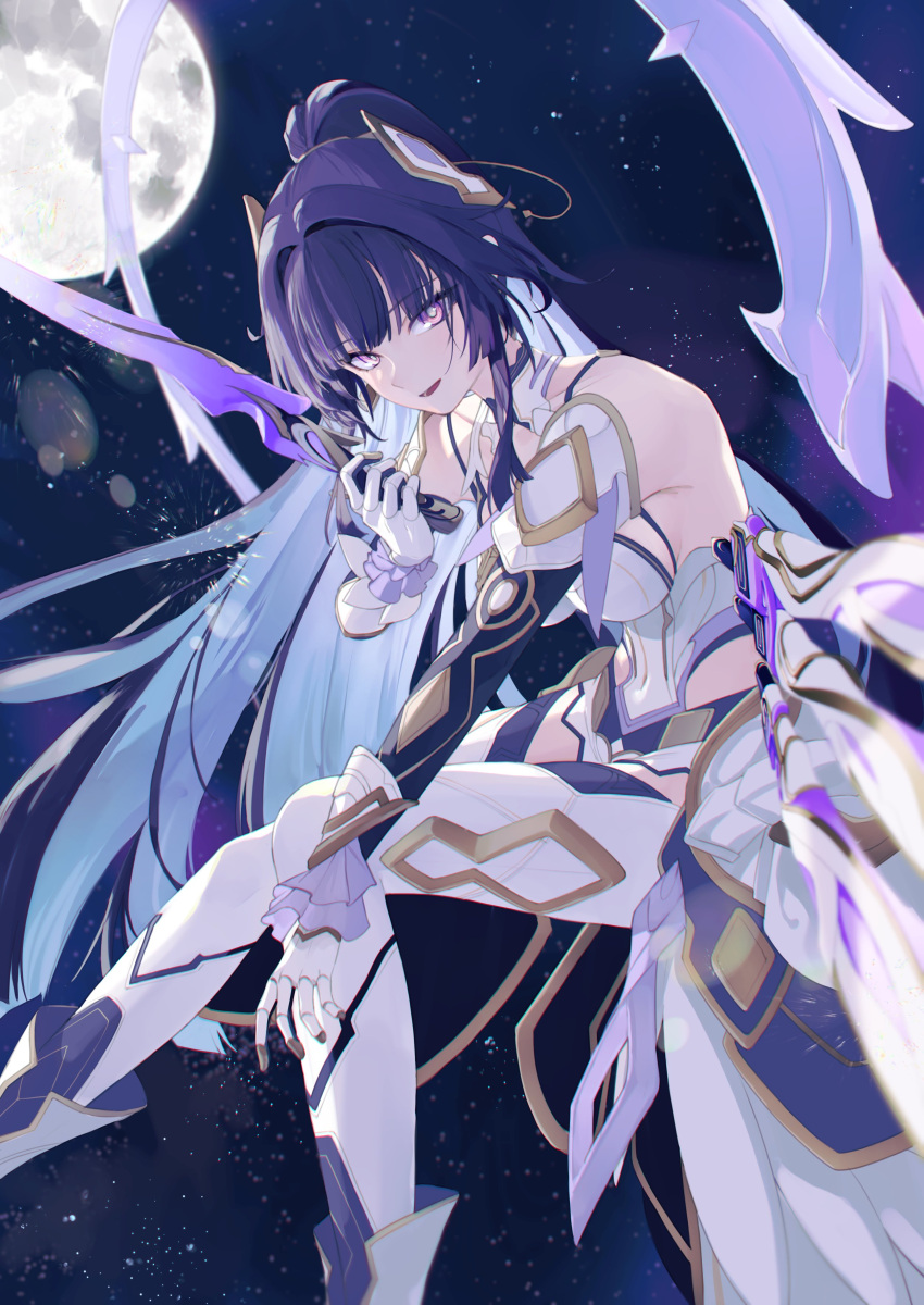 absurdres black_hair body_armor breasts collar detached_sleeves dress elbow_gauntlets feet_out_of_frame female full_moon gloves gradient_eyes hair_between_eyes hair_ornament highres holding holding_sword holding_weapon honkai_(series) honkai_impact_3rd large_breasts long_hair looking_at_viewer moon multicolored_eyes multicolored_hair night ponytail raiden_mei raiden_mei_(herrscher_of_origin) roena sidelocks smile solo sword thighhighs two-tone_hair very_long_hair weapon white_collar white_dress white_gloves white_thighhighs