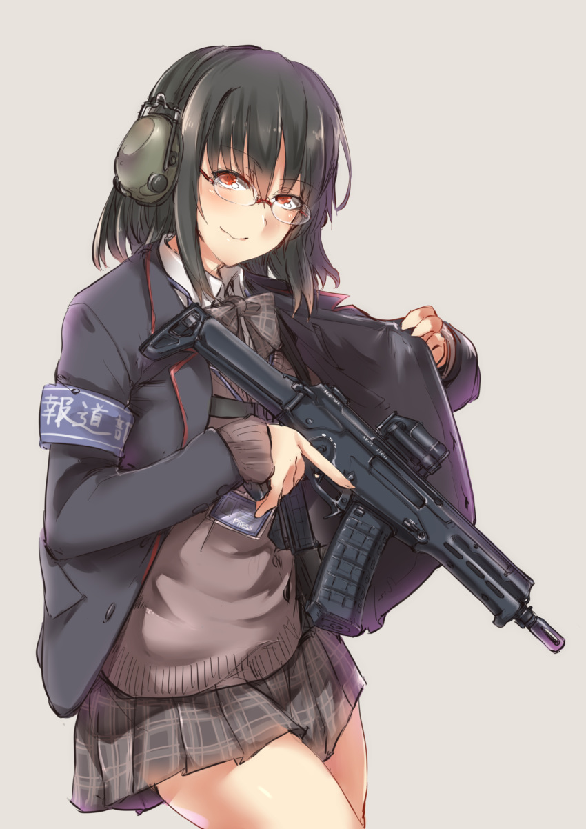 armband assault_rifle ayyh black_hair bow bowtie commentary_request ear_protection female glasses gun highres holding holding_gun holding_weapon id_card orange_eyes original rifle school_uniform scope short_hair simple_background solo thighs trigger_discipline weapon