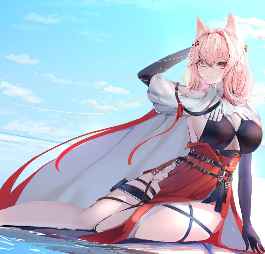 absurdres animal_ear_fluff animal_ears arknights arm_behind_head black_gloves breasts cape cleavage commentary elbow_gloves female gloves hair_ornament highres large_breasts long_hair lycoris-fullbloom pink_eyes pink_hair pozyomka_(arknights) red_skirt short_sleeves sitting skirt solo thigh_strap very_long_hair wolf_ears wolf_girl