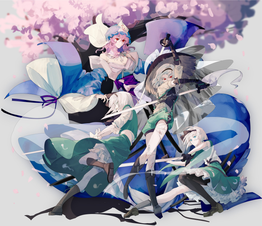 4girls aqua_eyes bandages bloomers blue_headwear blue_kimono boots breasts brown_footwear cherry_blossoms cherry_tree cleavage full_body green_eyes green_skirt green_vest hat highres holding holding_sword holding_weapon japanese_clothes katana kimono knee_boots konpaku_youmu konpaku_youmu_(ghost) long_sleeves mob_cap multiple_girls pink_hair red_eyes saigyouji_yuyuko sheath shirt short_hair simple_background skirt smile sword touhou triangular_headpiece vest weapon white_background white_hair white_shirt wide_sleeves xian_qishui