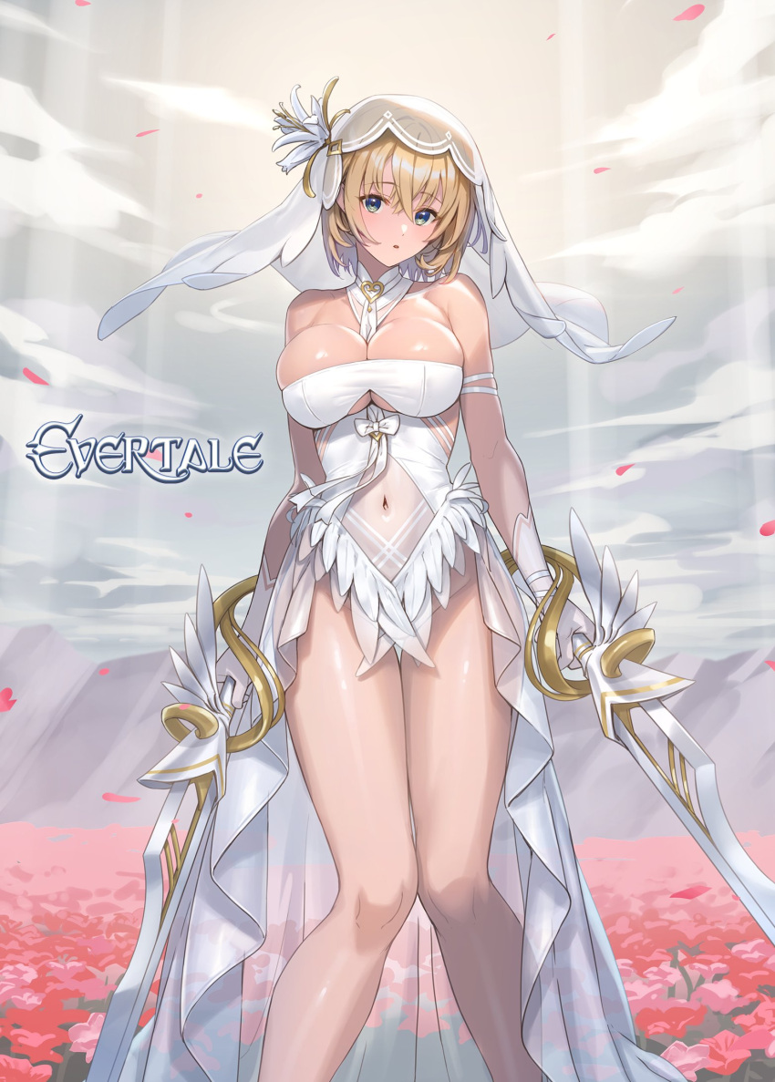 bare_shoulders between_breasts blonde_hair breasts bridal_veil cloud cloudy_sky commentary_request copyright_name covered_navel day dual_wielding evertale feather_trim female flower gloves green_eyes highres holding holding_sword holding_weapon lancelot_(evertale) large_breasts leotard logo looking_at_viewer official_art outdoors parted_lips petals sage_joh shiny_skin short_hair sky solo strapless strapless_leotard sunlight sword thighs veil weapon white_gloves