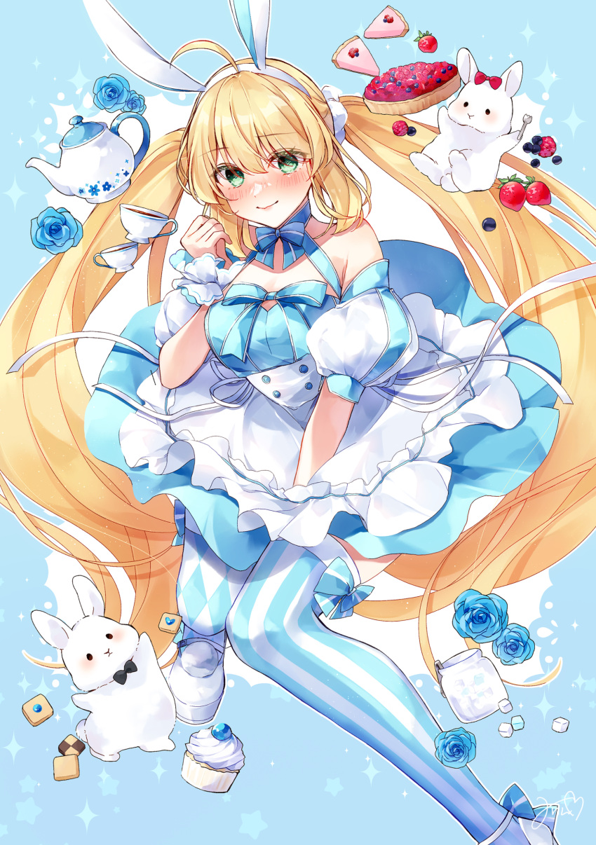 absurdres ahoge animal_ear_hairband animal_ears argyle_clothes argyle_thighhighs artoria_caster_(fate) artoria_caster_(swimsuit)_(fate) artoria_caster_(swimsuit)_(second_ascension)_(fate) artoria_pendragon_(fate) asymmetrical_legwear bare_shoulders blonde_hair blue_dress blue_thighhighs blush breasts cookie cup cupcake detached_sleeves dress embarrassed fake_animal_ears fate/grand_order fate_(series) female flower food fruit green_eyes hairband highres long_hair looking_at_viewer medium_breasts misaki346 mismatched_legwear pie puffy_detached_sleeves puffy_short_sleeves puffy_sleeves rabbit rabbit_ears red_eyes rose short_sleeves skirt smile solo strawberry striped_clothes striped_thighhighs teacup teapot thighhighs twintails vertical-striped_clothes vertical-striped_thighhighs very_long_hair white_skirt