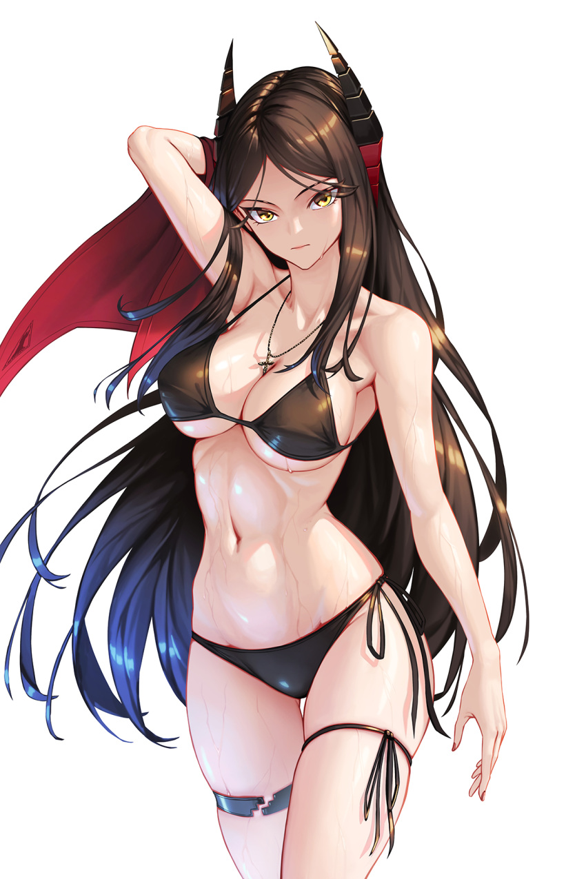 arknights arm_up bare_arms bare_shoulders bikini black_bikini bowlp breasts brown_hair cleavage commentary cowboy_shot female halterneck highres horns ines_(arknights) large_breasts long_hair md5_mismatch navel side-tie_bikini_bottom skindentation solo standing stomach string_bikini swimsuit thigh_strap thighs very_long_hair yellow_eyes