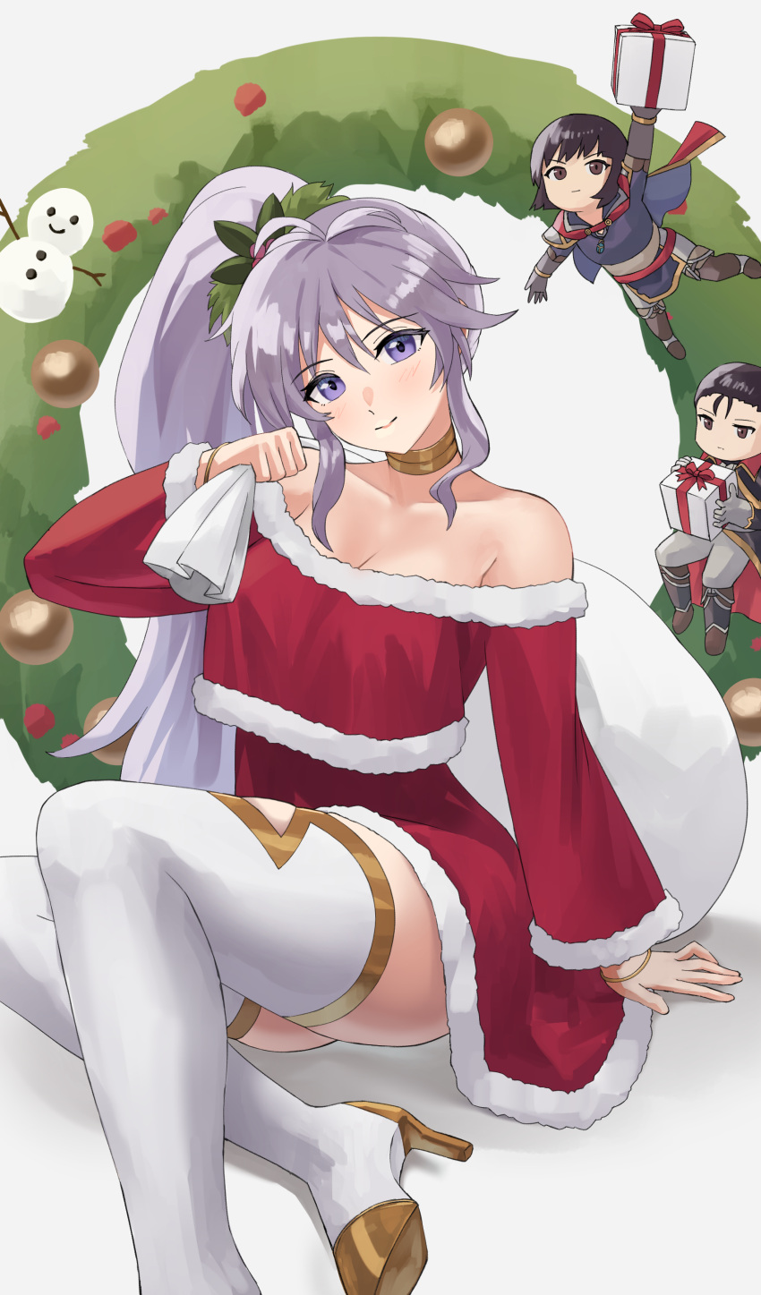 1boy 2girls absurdres alternate_costume bare_shoulders black_hair boots breasts chibi choker christmas cleavage commentary_request dress fire_emblem fire_emblem:_genealogy_of_the_holy_war fire_emblem:_thracia_776 grey_background grey_hair head_tilt high_heels highres ishtar_(fire_emblem) long_hair long_sleeves looking_at_viewer multiple_girls off-shoulder_dress off_shoulder olwen_(fire_emblem) pearlbbbb purple_eyes red_dress reinhardt_(fire_emblem) side_ponytail sitting smile thigh_boots thighhighs very_long_hair white_footwear white_thighhighs