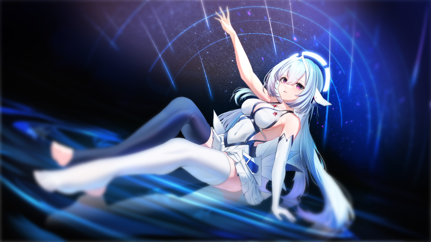 absurdres arm_up asymmetrical_legwear azur_lane bare_shoulders black_thighhighs breasts constellation_(azur_lane) covered_navel dress elbow_gloves female full_body gloves gradient_hair hair_between_eyes highres large_breasts long_hair looking_at_viewer miniskirt multicolored_hair parted_lips pleated_skirt purple_eyes purple_hair robot_ears single_glove sitting skirt sleeveless sleeveless_dress solo thighhighs thunder-35 white_dress white_gloves white_hair white_skirt white_thighhighs