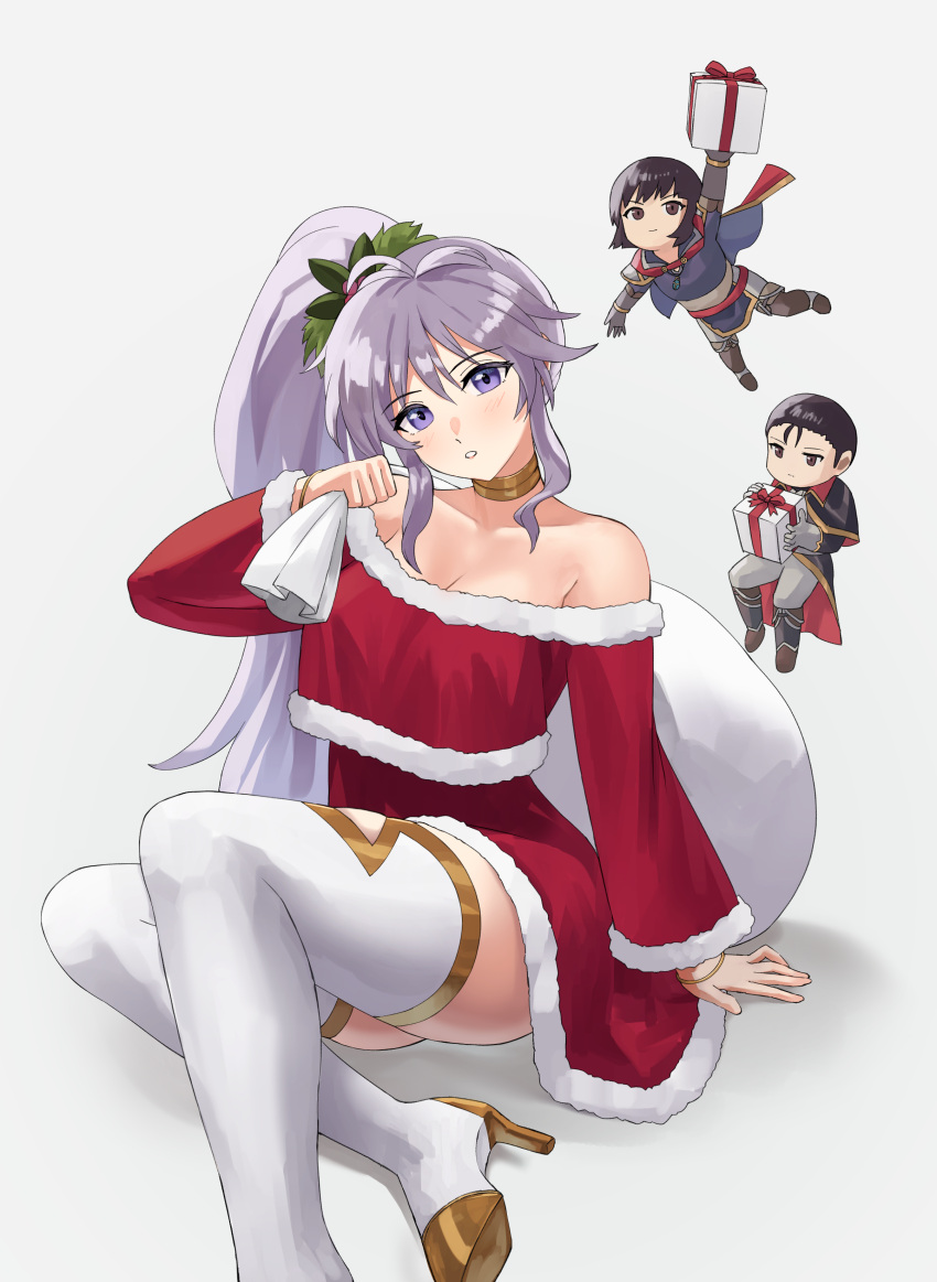 1boy 2girls absurdres alternate_costume bare_shoulders black_hair boots breasts chibi choker christmas cleavage commentary_request commission commissioner_upload dress fire_emblem fire_emblem:_genealogy_of_the_holy_war fire_emblem:_thracia_776 grey_background grey_hair head_tilt high_heels highres ishtar_(fire_emblem) long_hair long_sleeves looking_at_viewer multiple_girls non-web_source off-shoulder_dress off_shoulder olwen_(fire_emblem) pearlbbbb purple_eyes red_dress reinhardt_(fire_emblem) side_ponytail sitting skeb_commission smile thigh_boots thighhighs very_long_hair white_footwear white_thighhighs