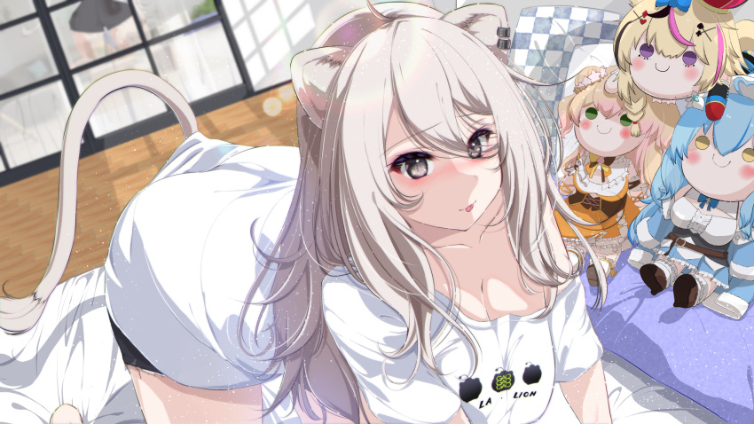 ahoge all_fours animal_ears bed black_shorts blush breasts character_doll cleavage earclip female grey_eyes grey_hair hair_between_eyes hair_over_one_eye highres hiro_(phese) hololive large_breasts lion_ears lion_girl lion_tail long_hair looking_at_viewer messy_hair momosuzu_nene momosuzu_nene_(1st_costume) nepolabo nose_blush official_alternate_costume omaru_polka omaru_polka_(1st_costume) on_bed pillow shirt shishiro_botan shishiro_botan_(casual) short_shorts shorts slit_pupils smile solo tail tongue tongue_out virtual_youtuber white_shirt yukihana_lamy yukihana_lamy_(1st_costume)