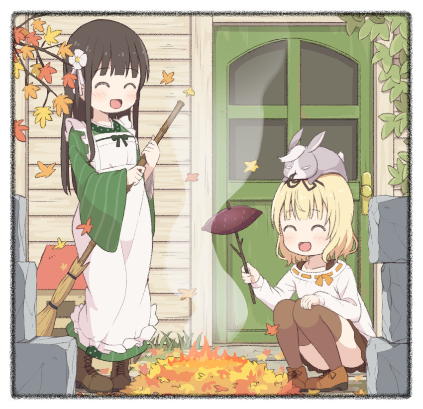 2girls ama_usa_an_uniform animal_on_head apron autumn bamboo_broom biting black_hairband black_ribbon blonde_hair blunt_bangs boots branch breasts broom brown_footwear brown_skirt brown_thighhighs closed_eyes collarbone commentary convenient_leg day door flower food frilled_apron frills full_body gochuumon_wa_usagi_desu_ka? green_kimono hair_flower hair_ornament hair_ribbon hairband holding holding_broom holding_stick ivy japanese_clothes kimono kirima_syaro leaf_pile light_blush long_sleeves maid_apron miniskirt mohei multiple_girls on_head open_mouth orange_ribbon outdoors polka_dot_trim rabbit rabbit_on_head ribbon ribbon-trimmed_shirt roasted_sweet_potato scar shirt shoes short_hair sidelocks skirt small_breasts smile smoke squatting standing stick striped_clothes striped_kimono sweet_potato thighhighs ujimatsu_chiya upskirt vertical-striped_clothes vertical-striped_kimono wavy_hair white_apron white_flower white_ribbon white_shirt wide_sleeves wild_geese