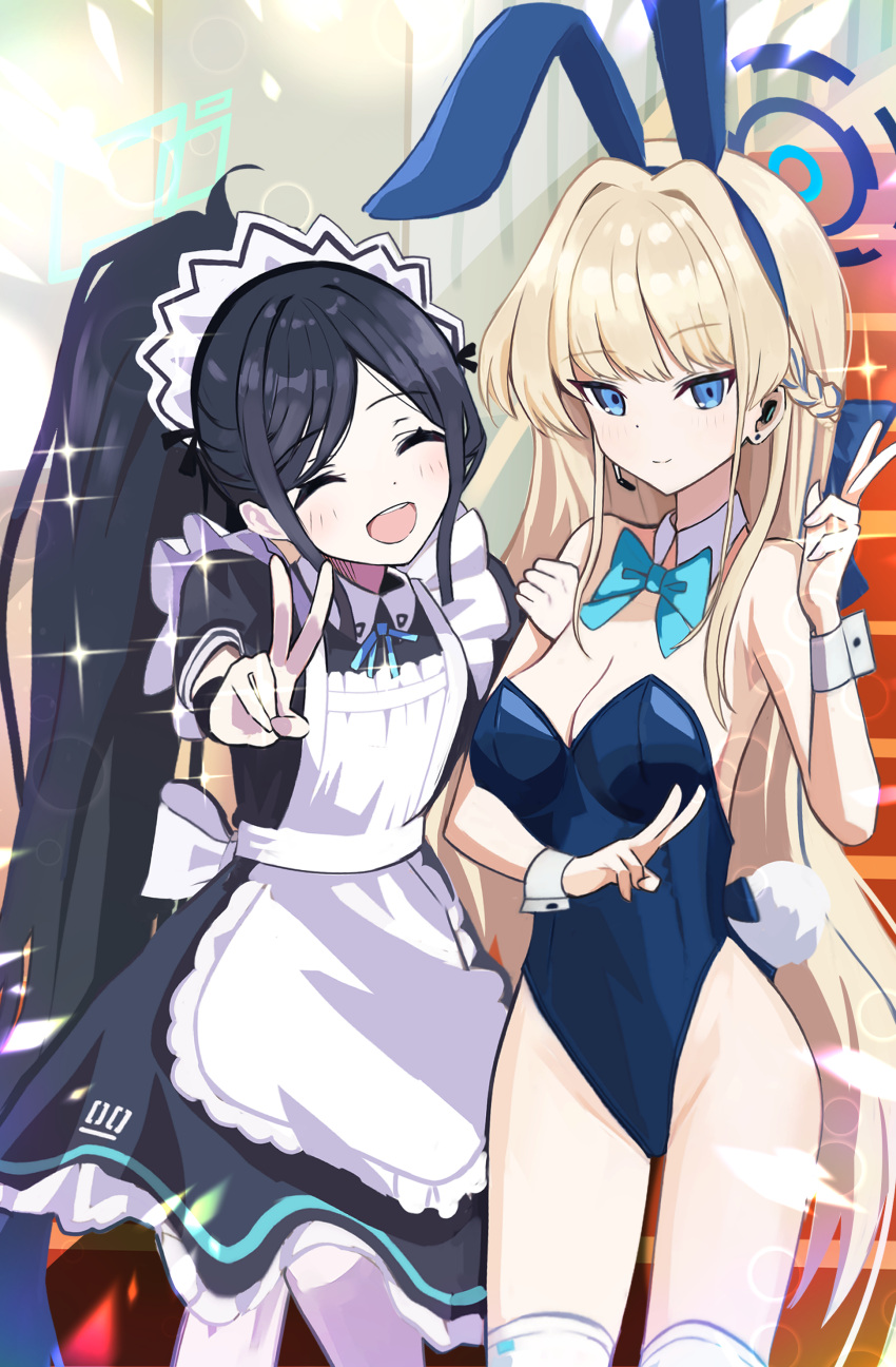 2girls :d ^_^ absurdres animal_ears apron aqua_bow aqua_bowtie aris_(blue_archive) aris_(maid)_(blue_archive) bare_shoulders black_hair blonde_hair blue_archive blue_halo blue_leotard bow bowtie breasts cleavage closed_eyes detached_collar double_v fake_animal_ears fake_tail halo highres leotard long_hair looking_at_viewer maid maid_apron medium_breasts multiple_girls official_alternate_costume playboy_bunny rabbit_ears rabbit_tail short_sleeves smile tail thighhighs thighs thomason366 toki_(blue_archive) toki_(bunny)_(blue_archive) v white_apron white_thighhighs