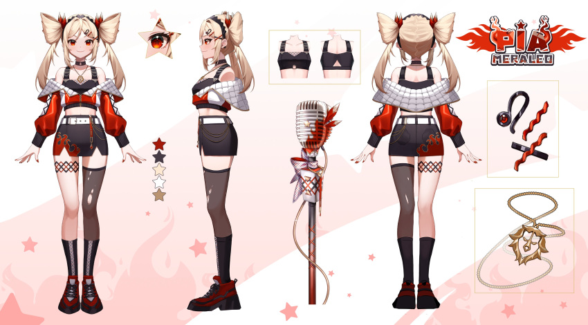 absurdres belt blonde_hair chiiririn choker female hair_ornament hairclip headband highres indonesian_commentary jewelry jkt48 jkt48v microphone multiple_views necklace official_art pia_meraleo red_eyes reference_sheet twintails virtual_youtuber white_belt