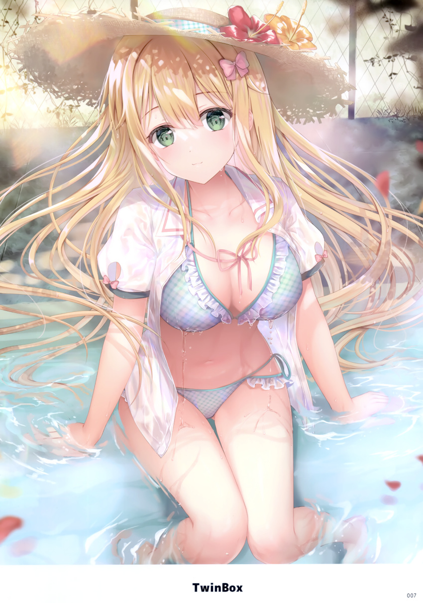 absurdres artist_name bikini blonde_hair breasts closed_mouth collarbone day female flower frilled_bikini frills green_eyes hair_ornament hat hibiscus highres inagaki_minami jacket long_hair looking_at_viewer medium_breasts melonbooks navel open_clothes open_jacket outdoors page_number partially_submerged petals ribbon scan short_sleeves sitting smile solo sousouman stomach straw_hat swimsuit thighs twinbox_school water water_drop wet wet_clothes